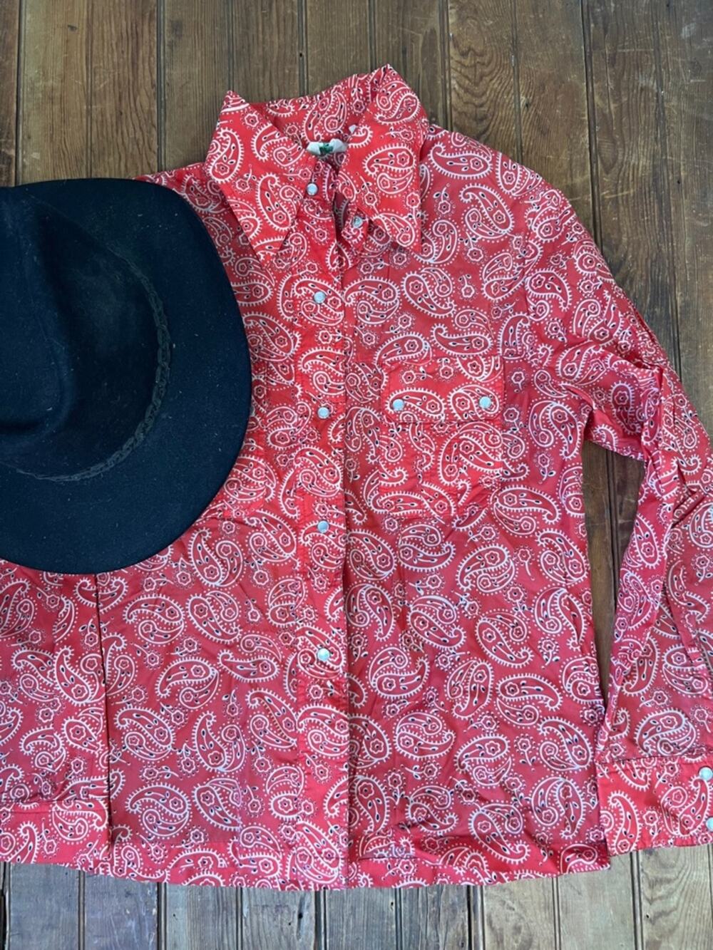 Vintage 1970s rain shirt top by Pacific Trail Red Paisley Bandana pearl button